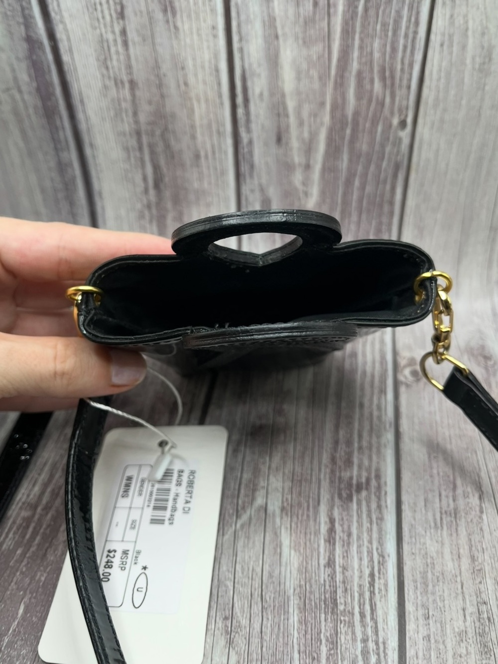 $248 NWT Roberta di Camerino Black Patent Glossy Mini Bucket Bag Micro Crossbody - Picture 10 of 16